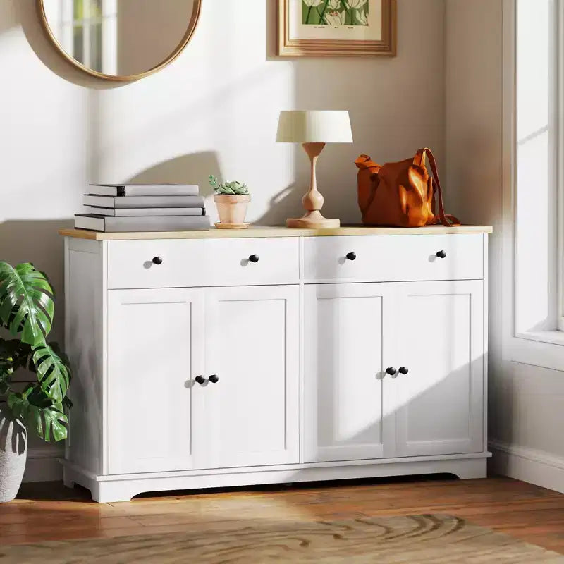 Meuble buffet bahut avec rangement, Armoire de cuisine moderne avec 4 portes, 2 tiroirs et 2 étagères réglables, Meuble de bar à café
