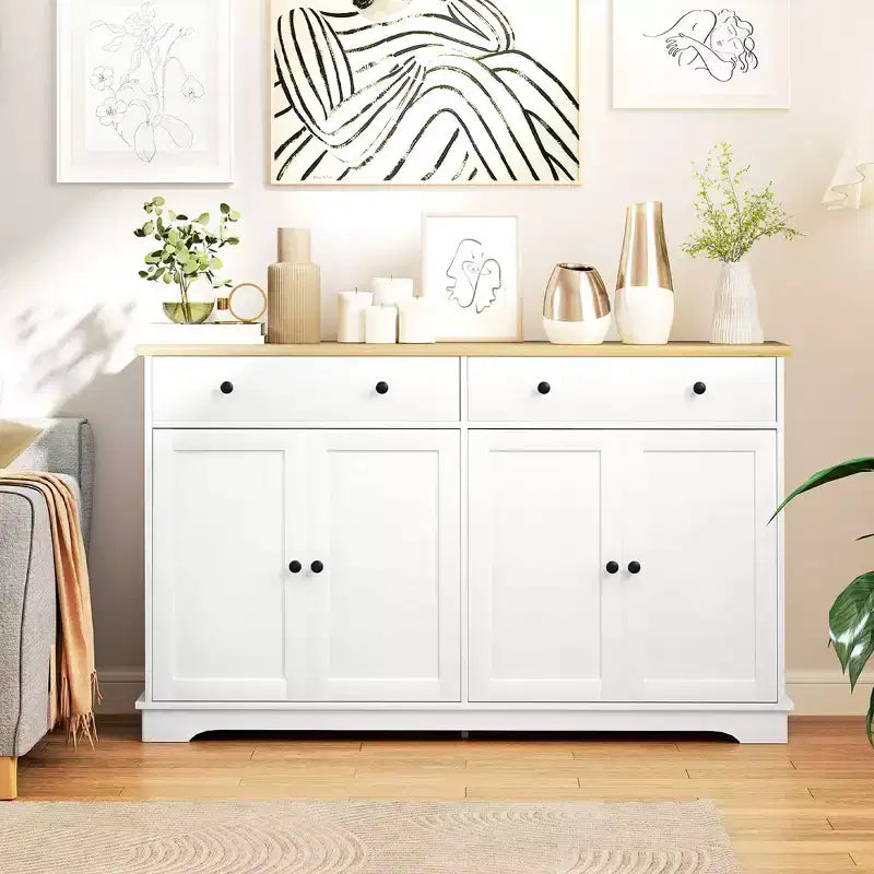 Meuble buffet bahut avec rangement, Armoire de cuisine moderne avec 4 portes, 2 tiroirs et 2 étagères réglables, Meuble de bar à café