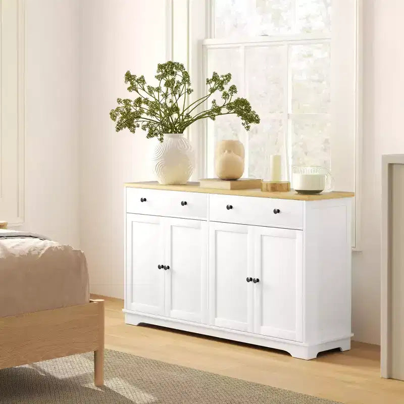 Meuble buffet bahut avec rangement, Armoire de cuisine moderne avec 4 portes, 2 tiroirs et 2 étagères réglables, Meuble de bar à café