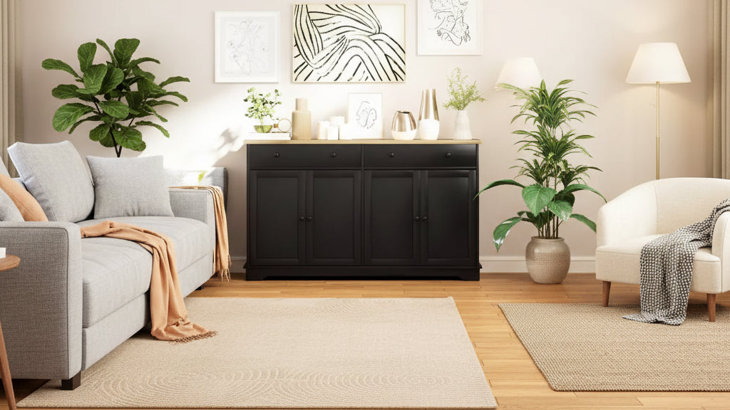 Meuble buffet bahut avec rangement, Armoire de cuisine moderne avec 4 portes, 2 tiroirs et 2 étagères réglables, Meuble de bar à café