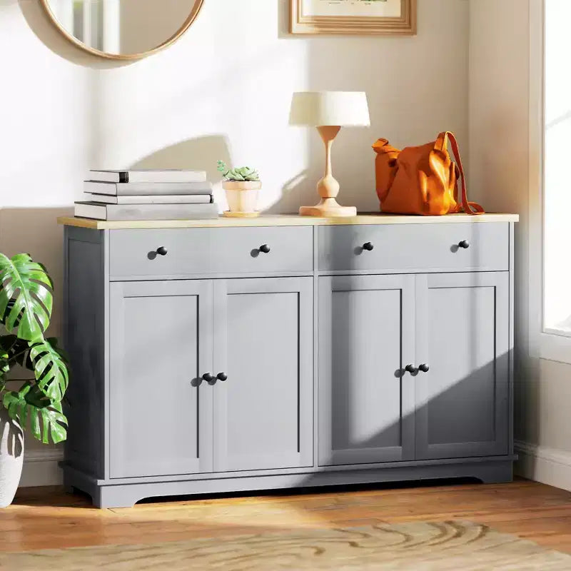 Meuble buffet bahut avec rangement, Armoire de cuisine moderne avec 4 portes, 2 tiroirs et 2 étagères réglables, Meuble de bar à café