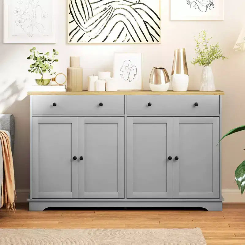 Meuble buffet bahut avec rangement, Armoire de cuisine moderne avec 4 portes, 2 tiroirs et 2 étagères réglables, Meuble de bar à café
