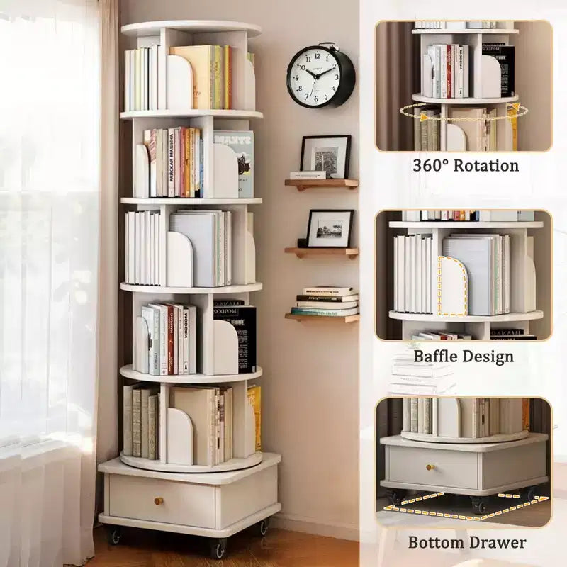 Bibliothèque rotative à 360° à 6 niveaux avec roulettes et tiroir, bibliothèque peu encombrante pour chambre et bureau à domicile