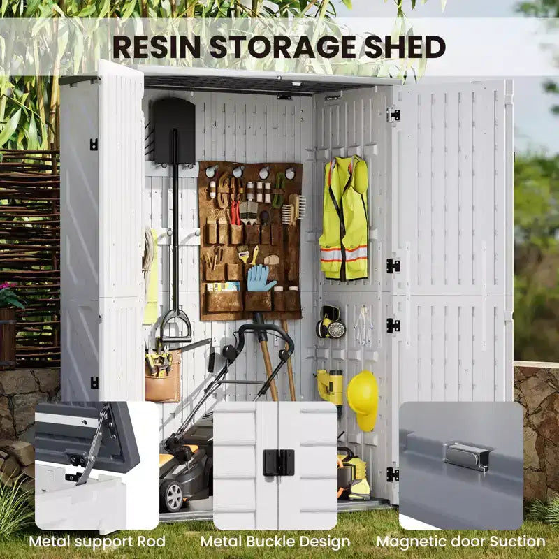 Abri de jardin en résine, 64 pieds cubes. Armoire de rangement extérieure étanche pour garage, outils, coussins de canapé, rangement extérieur