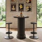 Table de bistrot ronde moderne de 60 cm, plateau en MDF rustique et base piédestal en métal, table hauteur bar de 96 cm avec repose-pieds
