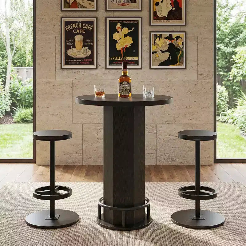 Table de bistrot ronde moderne de 60 cm, plateau en MDF rustique et base piédestal en métal, table hauteur bar de 96 cm avec repose-pieds
