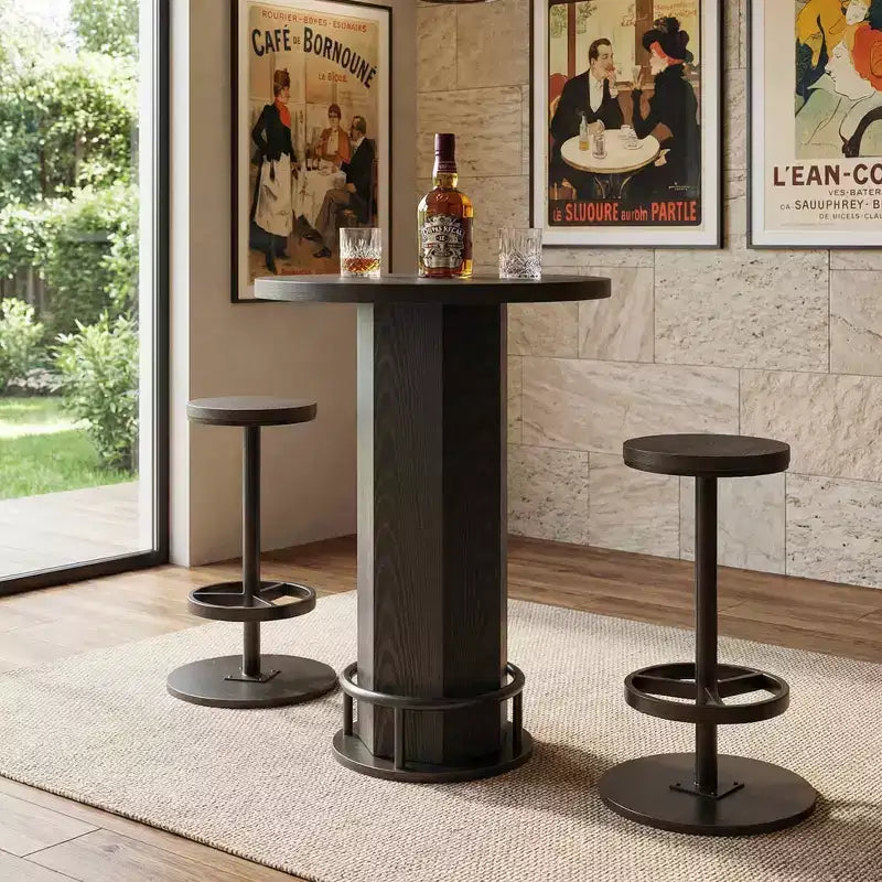 Table de bistrot ronde moderne de 60 cm, plateau en MDF rustique et base piédestal en métal, table hauteur bar de 96 cm avec repose-pieds