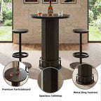 Table de bistrot ronde moderne de 60 cm, plateau en MDF rustique et base piédestal en métal, table hauteur bar de 96 cm avec repose-pieds