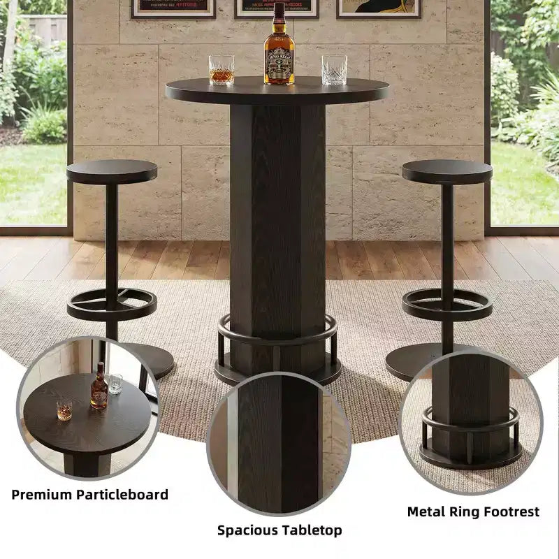 Table de bistrot ronde moderne de 60 cm, plateau en MDF rustique et base piédestal en métal, table hauteur bar de 96 cm avec repose-pieds