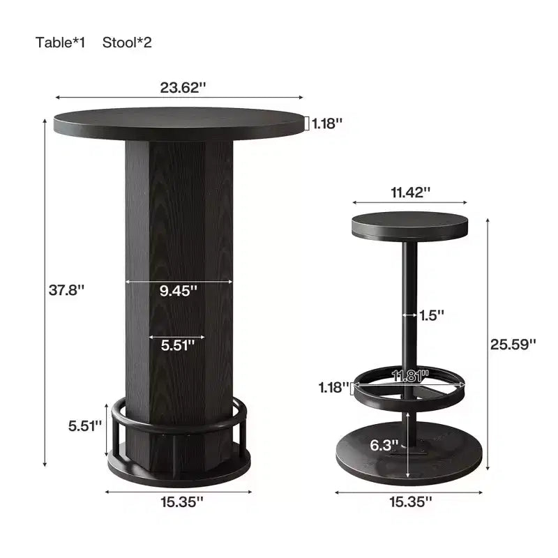 Table de bistrot ronde moderne de 60 cm, plateau en MDF rustique et base piédestal en métal, table hauteur bar de 96 cm avec repose-pieds