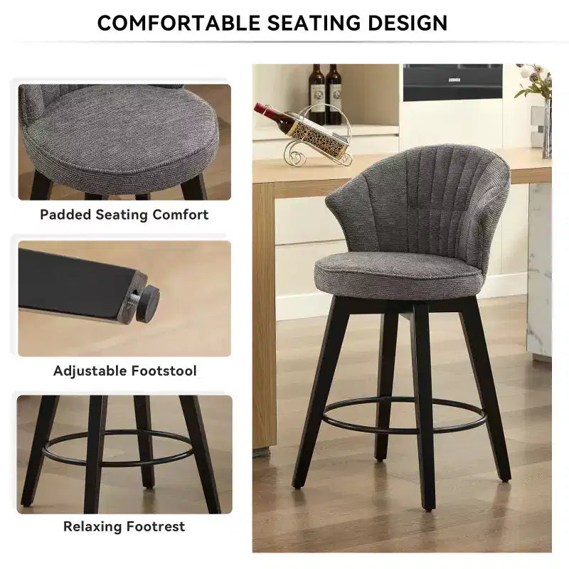 Tabourets de bar pivotants Zeus & Ruta Wingback 25 avec revêtement en chenille, pieds en bois et hauteur réglable