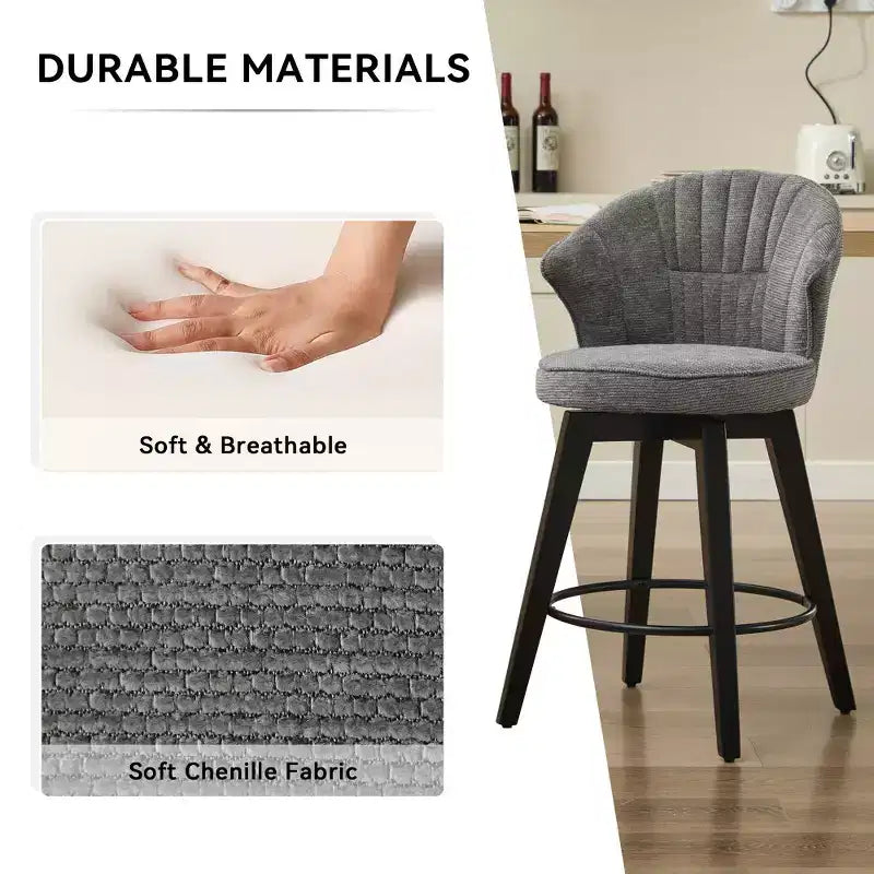 Tabourets de bar pivotants Zeus & Ruta Wingback 25 avec revêtement en chenille, pieds en bois et hauteur réglable