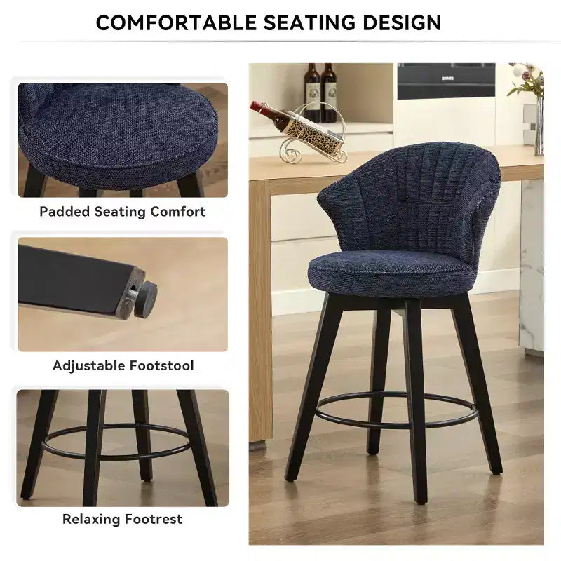 Tabourets de bar pivotants Zeus & Ruta Wingback 25 avec revêtement en chenille, pieds en bois et hauteur réglable