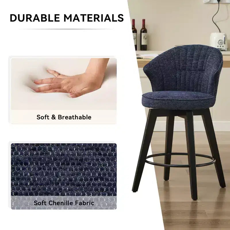Tabourets de bar pivotants Zeus & Ruta Wingback 25 avec revêtement en chenille, pieds en bois et hauteur réglable