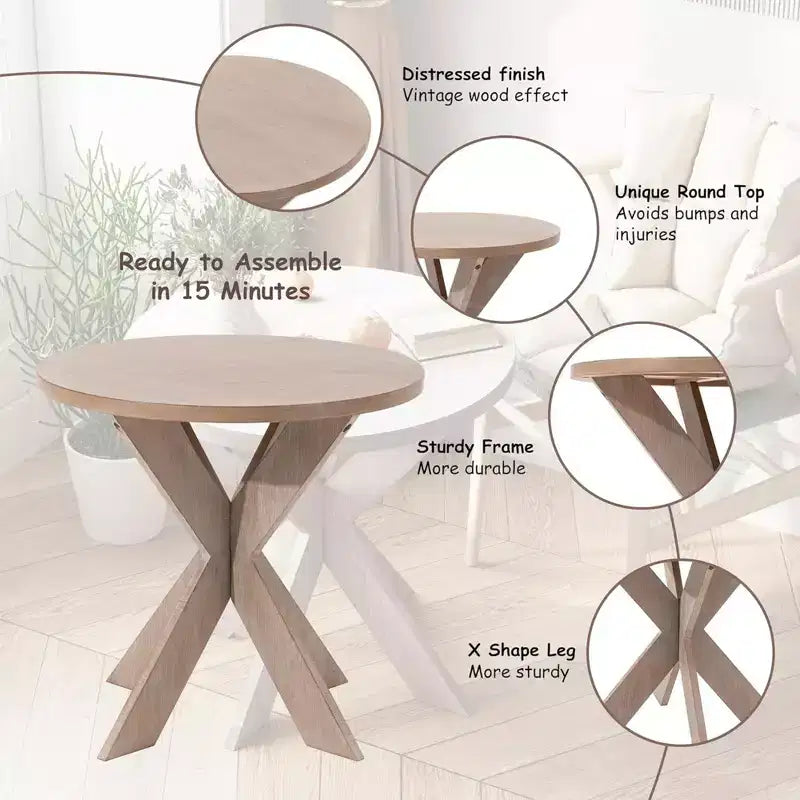 Table d'appoint ronde en bois avec pieds croisés, finition gris vintage