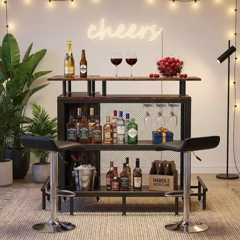Meuble de Bar d'Angle en L, Meuble de Rangement à Liqueur en Métal et MDF E1 avec 12 Supports à Verres à Vin et Repose-pieds, Protection de Bouteilles en Maille Métallique