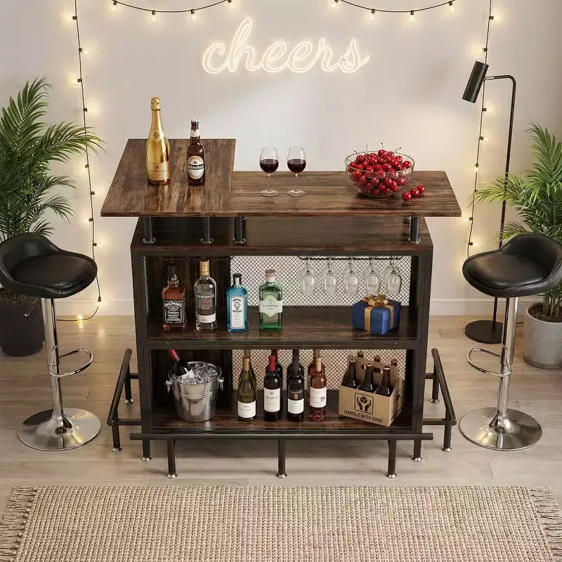 Meuble de Bar d'Angle en L, Meuble de Rangement à Liqueur en Métal et MDF E1 avec 12 Supports à Verres à Vin et Repose-pieds, Protection de Bouteilles en Maille Métallique