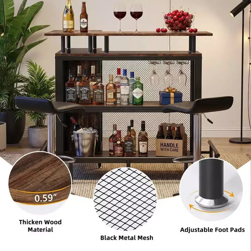 Meuble de Bar d'Angle en L, Meuble de Rangement à Liqueur en Métal et MDF E1 avec 12 Supports à Verres à Vin et Repose-pieds, Protection de Bouteilles en Maille Métallique