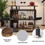 Meuble de Bar d'Angle en L, Meuble de Rangement à Liqueur en Métal et MDF E1 avec 12 Supports à Verres à Vin et Repose-pieds, Protection de Bouteilles en Maille Métallique