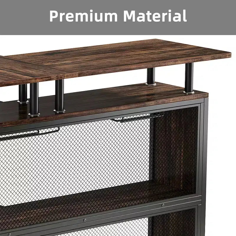 Meuble de Bar d'Angle en L, Meuble de Rangement à Liqueur en Métal et MDF E1 avec 12 Supports à Verres à Vin et Repose-pieds, Protection de Bouteilles en Maille Métallique