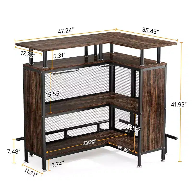 Meuble de Bar d'Angle en L, Meuble de Rangement à Liqueur en Métal et MDF E1 avec 12 Supports à Verres à Vin et Repose-pieds, Protection de Bouteilles en Maille Métallique