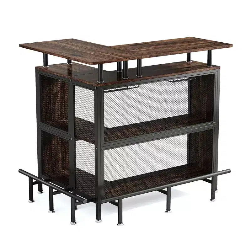 Meuble de Bar d'Angle en L, Meuble de Rangement à Liqueur en Métal et MDF E1 avec 12 Supports à Verres à Vin et Repose-pieds, Protection de Bouteilles en Maille Métallique