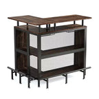 Meuble de Bar d'Angle en L, Meuble de Rangement à Liqueur en Métal et MDF E1 avec 12 Supports à Verres à Vin et Repose-pieds, Protection de Bouteilles en Maille Métallique