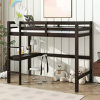 Lit mezzanine double en bois avec bureau intégré, barrières de sécurité et échelle marron