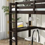 Lit mezzanine double en bois avec bureau intégré, barrières de sécurité et échelle marron