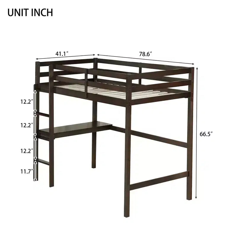 Lit mezzanine double en bois avec bureau intégré, barrières de sécurité et échelle marron
