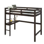 Lit mezzanine double en bois avec bureau intégré, barrières de sécurité et échelle marron