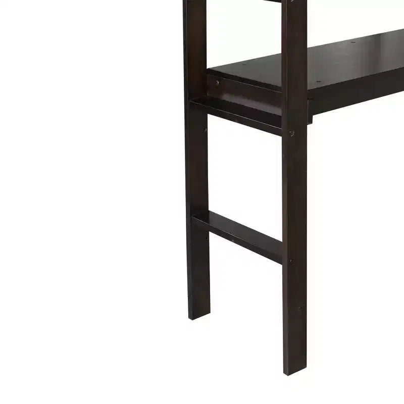 Lit mezzanine double en bois avec bureau intégré, barrières de sécurité et échelle marron