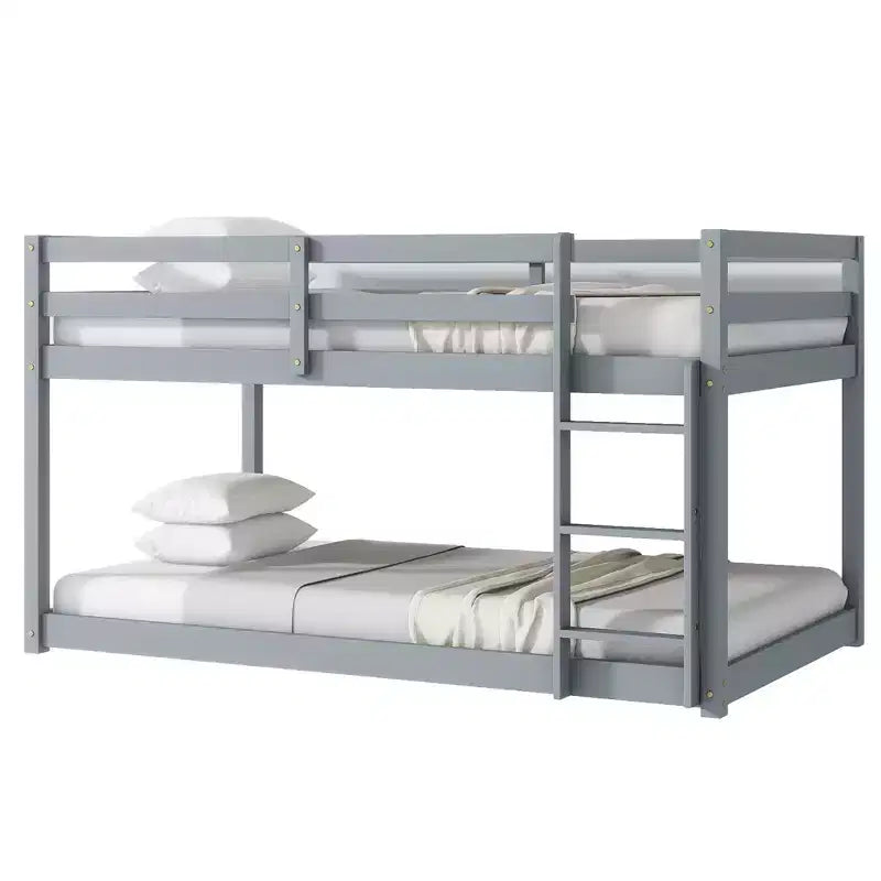 Lit superposé double en bois massif avec échelle, plateformes supérieure et inférieure dotées de lattes renforcées, gris