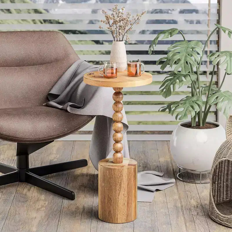 Table Martini ronde à pied pour salons, chambres et petits espaces, pour poser des boissons, des plantes, des lampes ou des objets décoratifs, marron