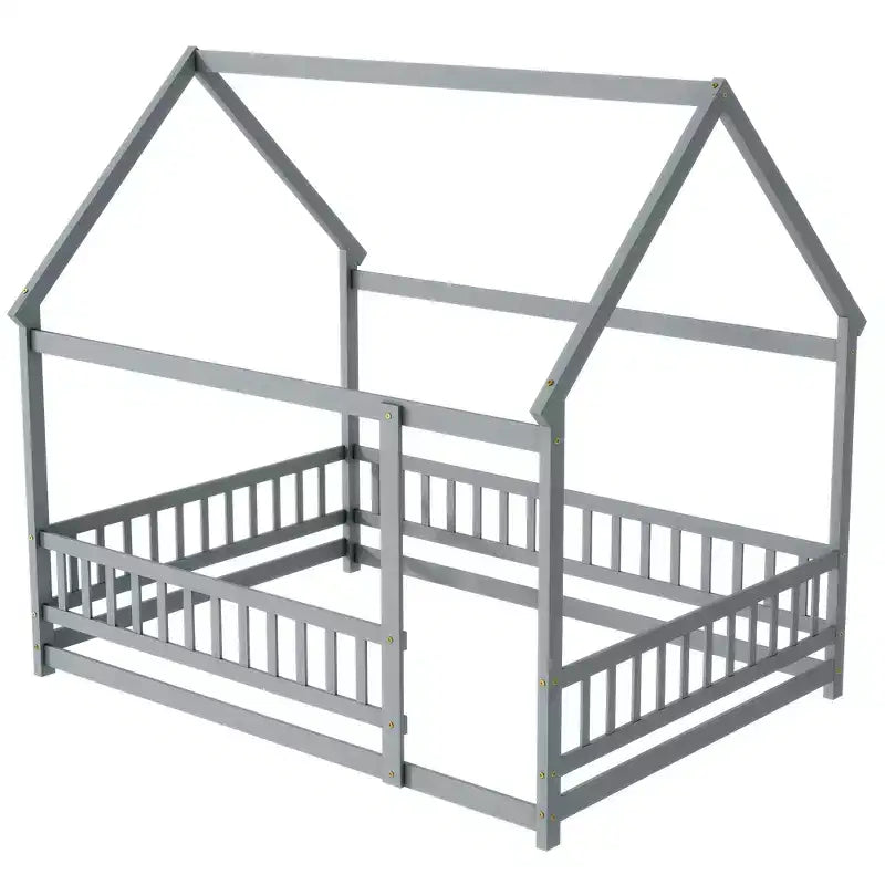 Lit double en bois avec cadres de sol, barrières de sécurité, gris