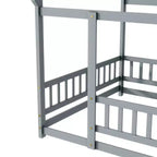 Lit double en bois avec cadres de sol, barrières de sécurité, gris