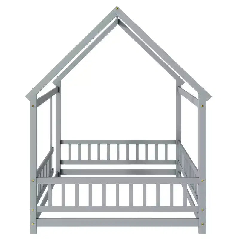 Lit double en bois avec cadres de sol, barrières de sécurité, gris