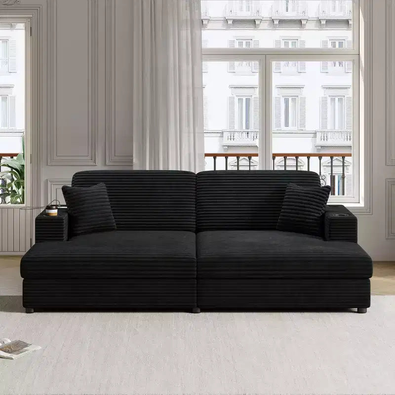 Canapé d'angle convertible 86,5 po surdimensionné avec méridienne, en velours côtelé, et deux ports USB