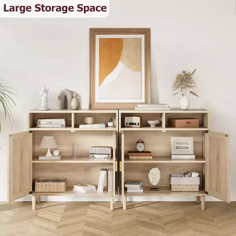 Rattan Sideboard Buffet Cabinets - 2-Door Storage with Shelf, Modern Dining Room, Coffee Bar Furniture, 36H