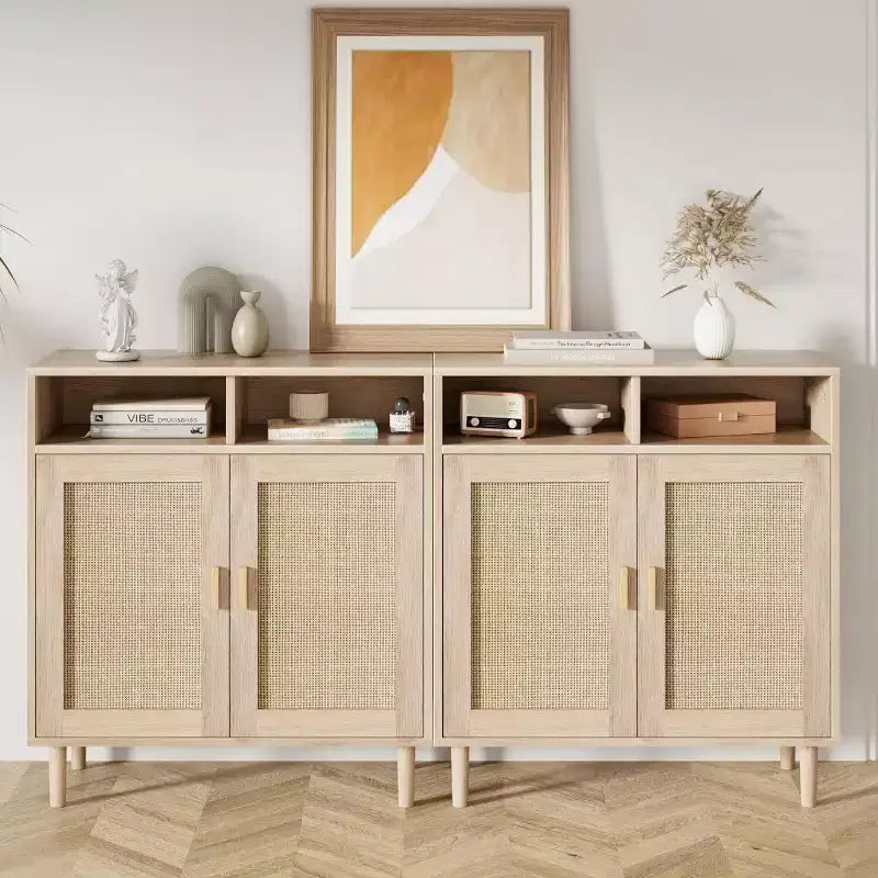 Rattan Sideboard Buffet Cabinets - 2-Door Storage with Shelf, Modern Dining Room, Coffee Bar Furniture, 36H