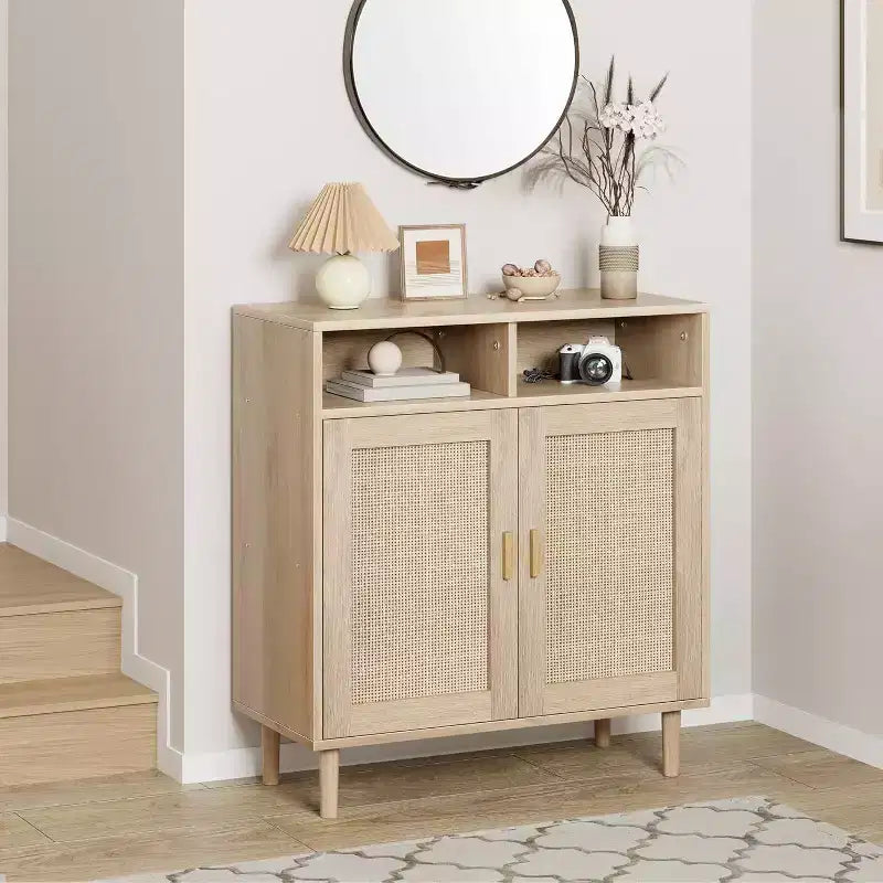 Rattan Sideboard Buffet Cabinets - 2-Door Storage with Shelf, Modern Dining Room, Coffee Bar Furniture, 36H