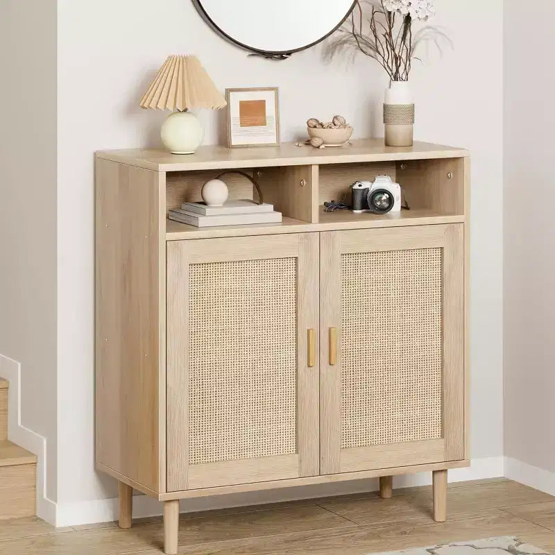 Rattan Sideboard Buffet Cabinets - 2-Door Storage with Shelf, Modern Dining Room, Coffee Bar Furniture, 36H