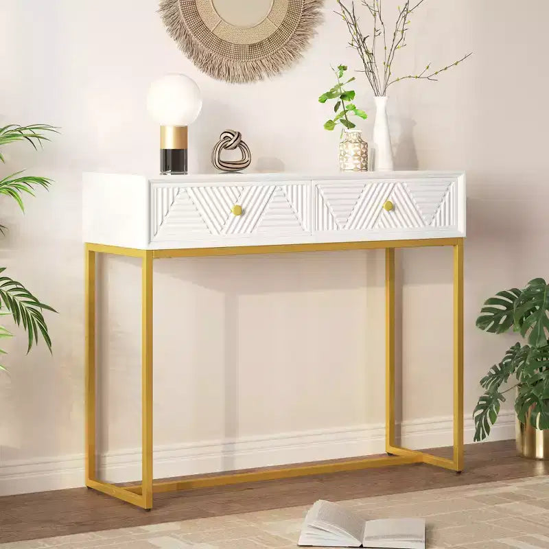 Table console étroite moderne avec rangement 2 tiroirs à motif rayures pour salon, couloir Blanc