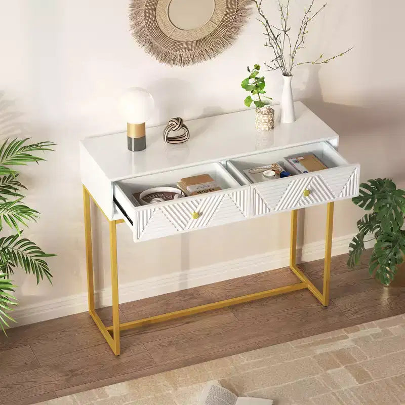Table console étroite moderne avec rangement 2 tiroirs à motif rayures pour salon, couloir Blanc
