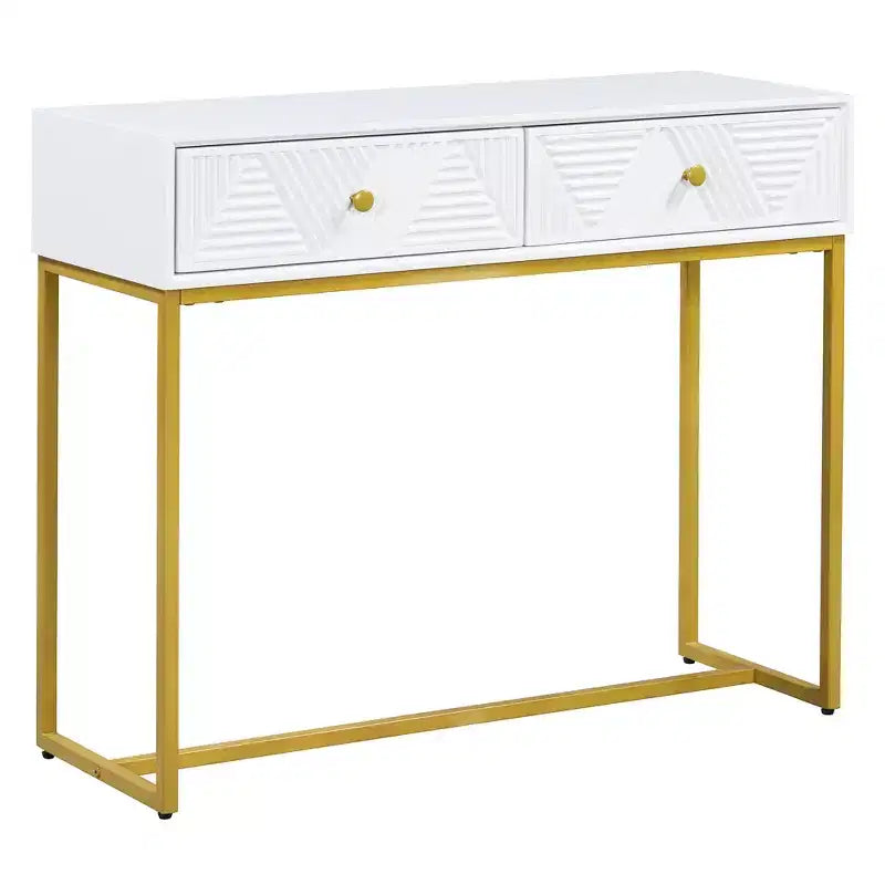 Table console étroite moderne avec rangement 2 tiroirs à motif rayures pour salon, couloir Blanc