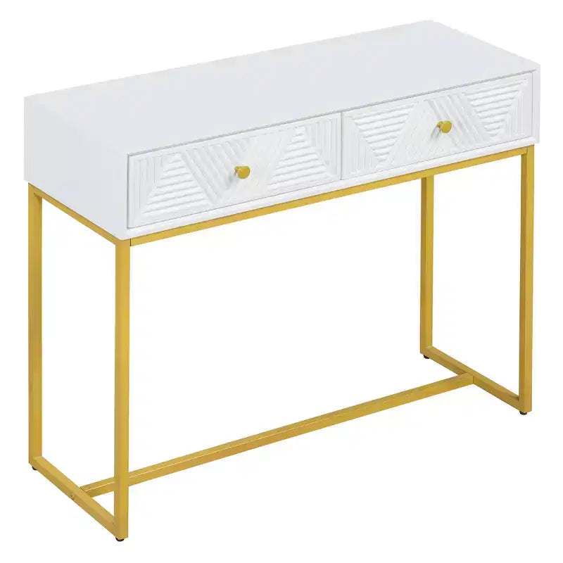 Table console étroite moderne avec rangement 2 tiroirs à motif rayures pour salon, couloir Blanc