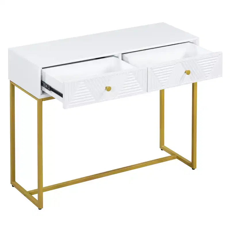 Table console étroite moderne avec rangement 2 tiroirs à motif rayures pour salon, couloir Blanc