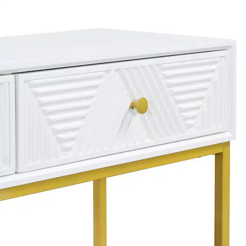 Table console étroite moderne avec rangement 2 tiroirs à motif rayures pour salon, couloir Blanc