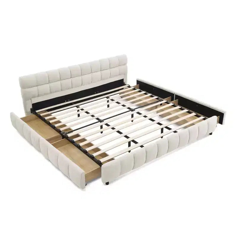 Lit capitonné King Size avec tête de lit Cadre de lit solide avec tiroir pour chambre à coucher Beige