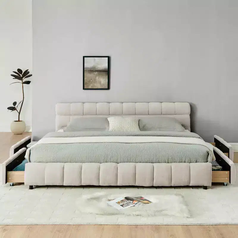 Lit capitonné King Size avec tête de lit Cadre de lit solide avec tiroir pour chambre à coucher Beige